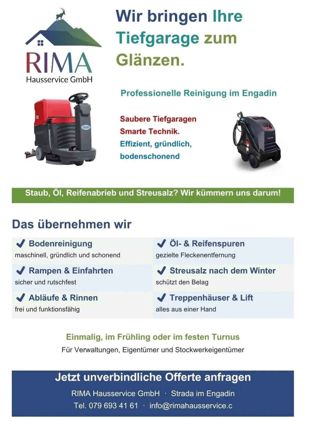 Flyer: Wir bringen Ihre Tiefgarage zum Glänzen – professionelle Reinigung im Engadin
